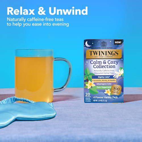 Image of Twinings Calm & Cozy Bedtime Herbal Tea Variety, 20 Count, Pack of 1 | Assorted Relaxing 4 Flavours, Naturally Caffeine-Free, Enjoy Hot or Iced, 20 Teabags