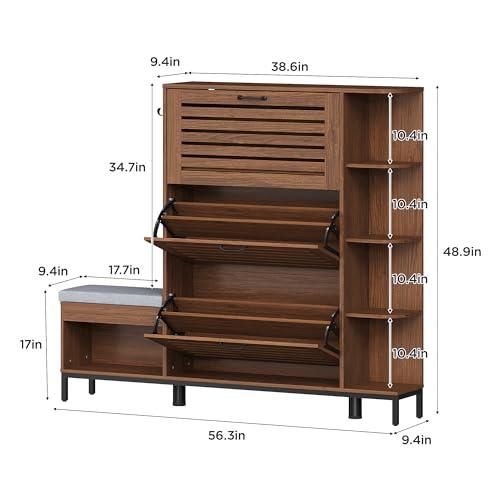 Maupvit Narrow Shoe Cabinet with Bench for Entryway, 3 Flip Louvered Doors & Side Storage Cabinet, 44\" H Shoes Organizer with Upholstered Seat & Hooks for Front Door Entrance, Walnut