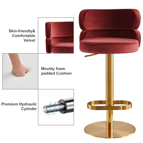 Butaco moderno de terciopelo, giratorio y con altura ajustable, para barra de cocina o isla, con respaldo y reposapiés, silla tapizada con base dorada, color rojo, 1 unidad miniatura 3