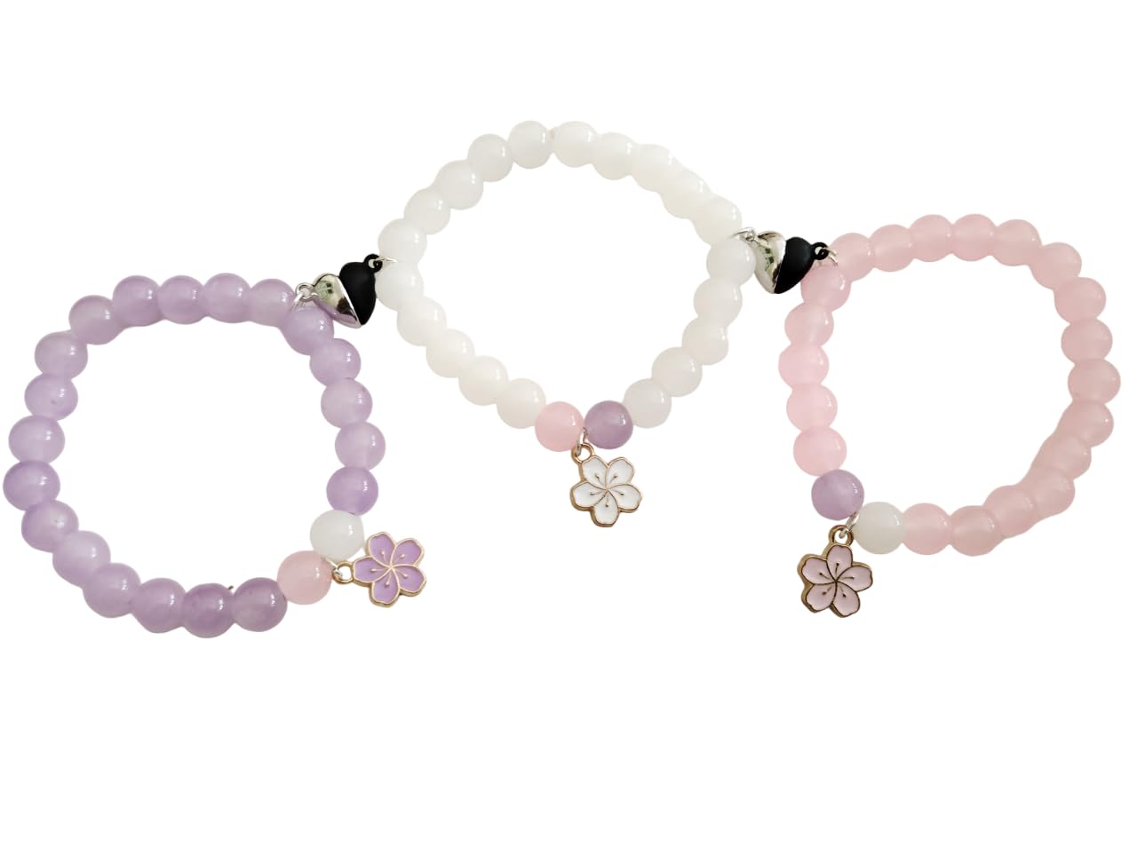 AMITFASHION_IMITATION Kawaii Charm Bracelets for Girls, Cute Anime Heart-Shaped Bead Strand Bracelet Set of 3 in Pink, W