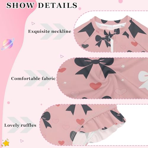 Girls One Piece Swimsuits Long Sleeve Swimsuit Zipper Bathing Suits Black Bow Pink Heart3