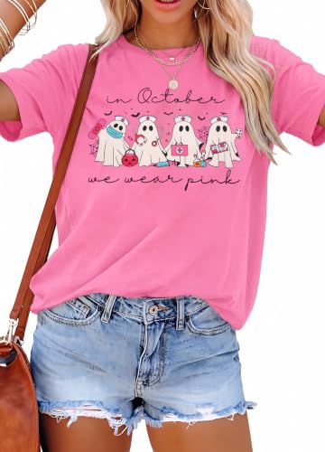 Image of Breast Cancer Shirts for Women Pink Ribbon Shirt Breast Cancer Survivor Tee | Pink Breast Cancer Shirt In October We Wear Pink Tee Breast Cancer Awareness Shirts Halloween Ghost Graphic Short Sleeve Top