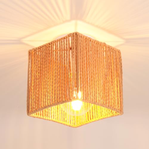 iDEGU Plafonnier Vintage Industrielle Lustre en Rotin et Métal Rétro Cage Abat-jour Lampe de Plafond E27 Éclairage Déco Suspension Luminaire pour Chambre Couloir Entrée Bar (16CM Cube, Rotin Marron)
