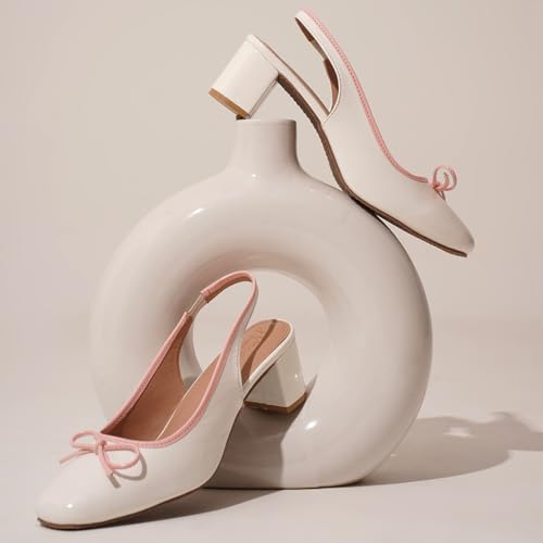 Image of JM LOOKS Women Slingback Block Heels with Bow Detail Closed Round Toe Pumps Dress Shoes