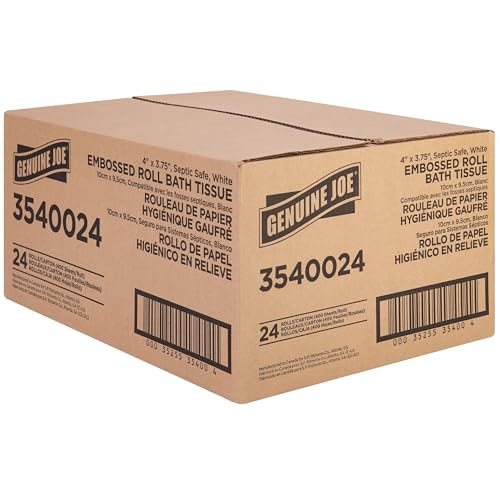 Image of Genuine Joe Embossed Bath Tissue, 2-Ply, Septic Safe, Individually Wrapped, 4 inch x 3.75 inch, 400 Sheets /Roll, 24 Count