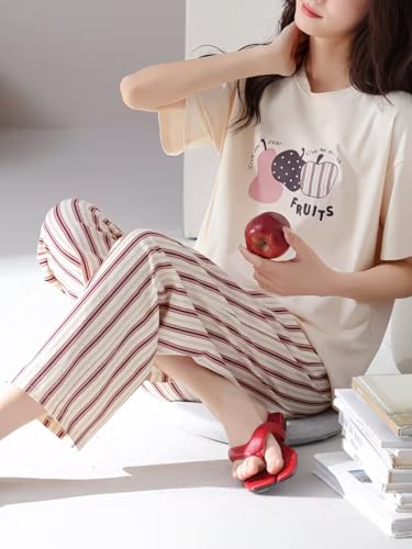 Image of Celary Korean Women's Pyjama Set|Half Sleeve T-Shirt & Printed Pyjama Set for Women|Size:- M to 4XL|Soft Cotton Blend Comfortable Night Suit for Women