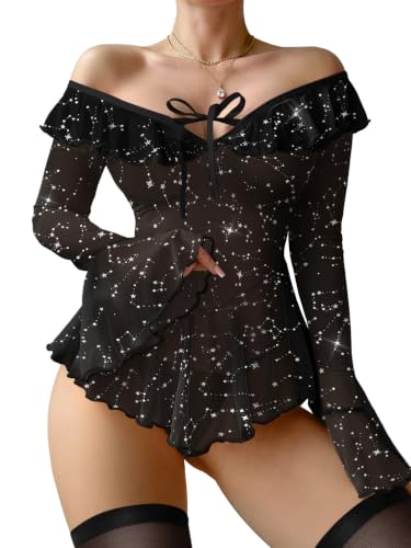 Image of Foxiny Sheer Ruffle Long Sleeve Babydoll Lingerie Dress | Off-shoulder neckline, flared cuffs and a flounce hem add movement; thong and thigh-high stockings complete the 3-piece set