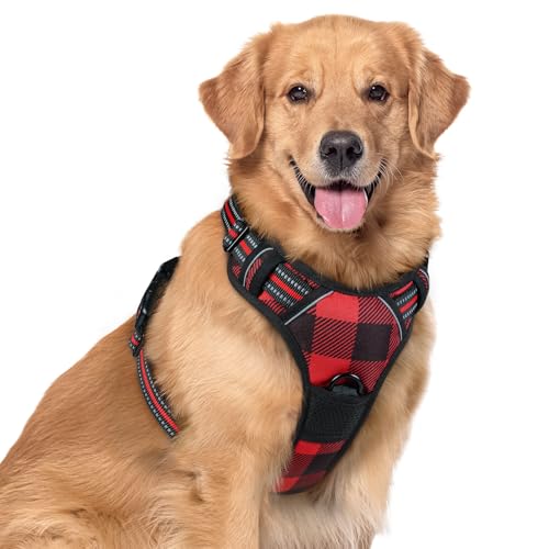 Image of rabbitgoo Dog Harness No Pull with 2 Leash Clips, Adjustable Soft Padded, Reflective Oxford No Choke Pet Vest with Easy Control Handle for Large Dogs, Red Plaid, XL
