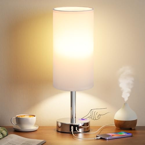Aooshine Touch Lamps, Table Lamps with White Shade, Silver Base(Bulb Included)