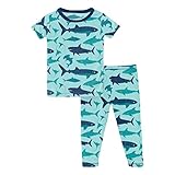 KicKee Short Sleeve Pajama Set, Ultra Soft and Snug Fitting PJs, Matching Top and Bottom Sleepwear Set, Newborn to Baby to Kid Pajamas (Summer Sky Shark - 3T)