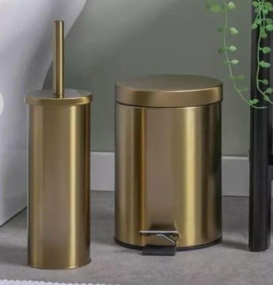 RA-HOMESTORE® New 2pc Gold Shade Metal Bathroom Set Including Toilet Brush Holder & 3L Pedal Bin With Removeable Inner Bin, Supplied Fully Assembled, Easy To Keep Things Hygienic and Clean.