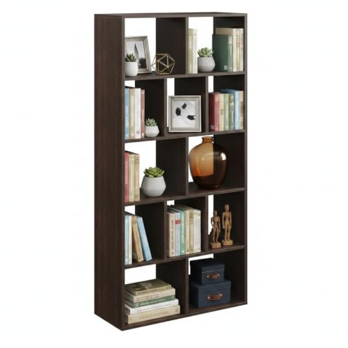 Image of FURNEASER Hallen Multi-Compartment Wooden Bookshelf with 5-Tier Storage � Modern Display Rack for Home & Office | Space-Saving Vertical Bookcase � 159 x 60 x 25 cm (Wenge Finish)