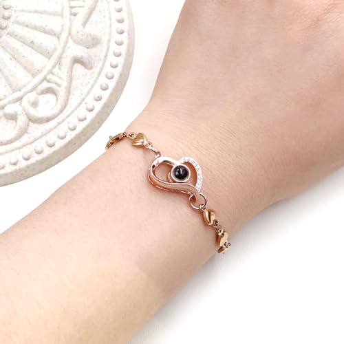 Image of Uloveido Cute Stainless Steel Heart Link Chain Bracelet | 100 Different Languages I Love You Projection Bracelets for Women Girls