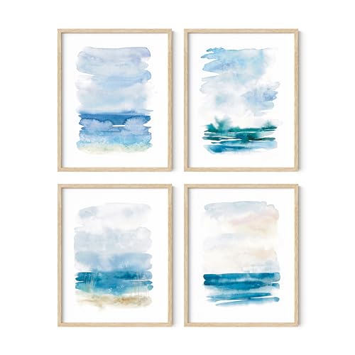 HAUS AND HUES Beach Poster Set of 4 – Abstract Ocean Prints, Nature Wall Art, Coastal Beach Scene Posters, Blue Watercolor Decor (Unframed, 11x14)