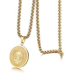 Collar Medalla Dorada JewelryWe Collar para Hombre, Collar con Colgante de Medalla Redonda Ovalada con Cruz de San Benito y Cadena Ajustable, de Acero LNOX, Joya Cristiana, en Caja de Regalo, Color Plateado y Dorado