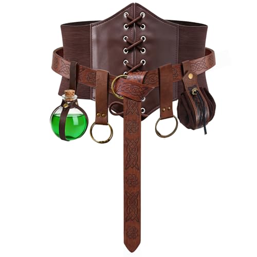 Renaissance Belt Pouch Corset Waistband Magic Potion Bottle Skirt Hike Steampunk Costume Accessory(Brown-A X-Large)