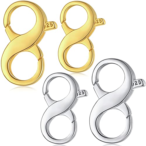 4 Pack Silver Make Lobster Clasp Necklace Bracelet Extender Double Opening Jewelry Clasps Necklace Shortener Infinity Figure 8 Silver Lobster Claw Clasp Gold Necklace Clasp for DIY Jewelry Repair Kit