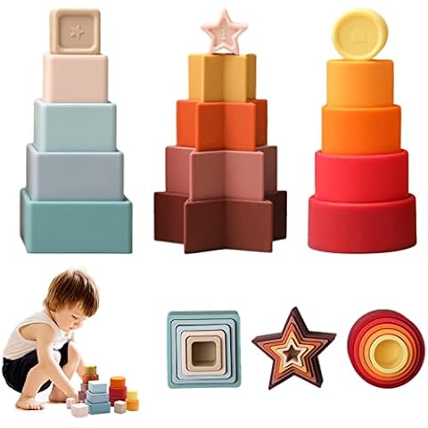 let's make Stacking Cups Toys 15 Pcs Silicone Natural Rainbow Colours-Nesting Geometry Shape Sorting Cups Blocks Developing Educational Learning Baby Toys Cover