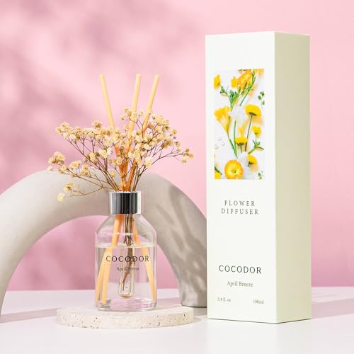 Image of COCODOR Flower Reed Diffuser Set / 3.4oz / April Breeze /Scent Diffuser with Sticks Home Fragrance Reed Diffuser for Bathroom Shelf Decor