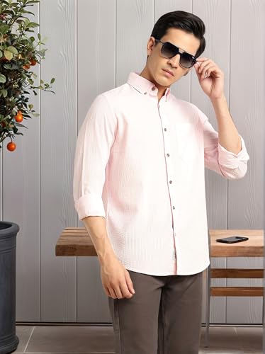 Image of Thomas Scott Men's | Slim Fit | Striped Design | Button-Down Collar | 100% Cotton Casual Shirt for Mens