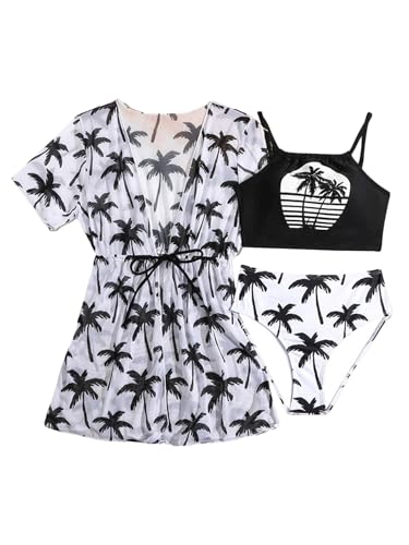 Image of Girl's 3 Piece Set Coconut Tree Print Bikini Sets Bathing Suit Black 10Y