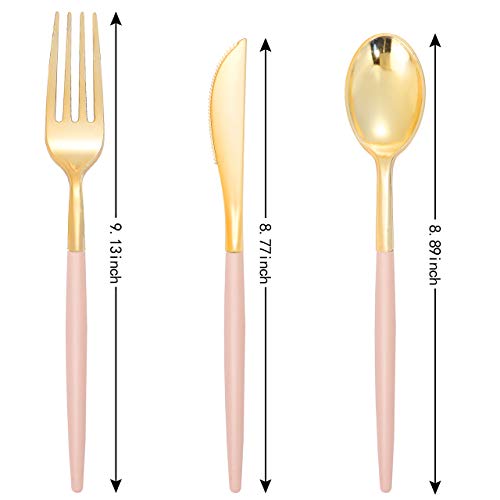I00000 144Pcs Pink Plastic Silverware, Gold Disposable Flatware with Pink Handle, Gold Plastic Cutlery Set Includes: 48 Forks, 48 Knives and 48 Spoons Perfect for Party & Wedding