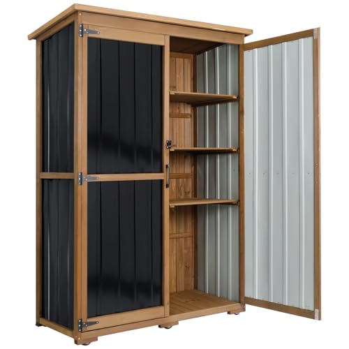 Image of 46 inch L Large Outdoor Storage Cabinet with Shelves, Wood & Metal Storage Shed Weather-Resistant, Outside Storage Cabinet for Garage Patio Backyard Garden with Waterproof Roof