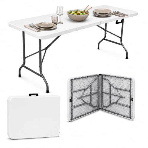 Mesa Dobrável 1,80m Portátil Branca Tipo Maleta com Alça – Resistente e Leve, Ideal para Camping, Praia, Jardim, Festas e Área Gourmet Interna ou Externa