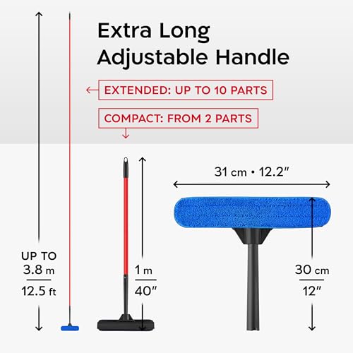 Image of Tyroler Window Squeegee with Extension Pole 1-12.5ft | Window Cleaner Tool | | 10-Part Windows Washing Kit with Extension Pole | Professional Telescopic Window Squeegee for Home & High Glass