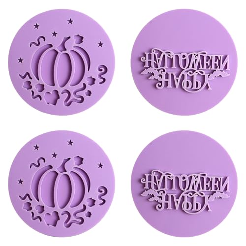 URROMA Happy Halloween Acrylic Mould Cookie Stamp, 4 Pcs 3D Design Fondant Embosser Cookie Molds Cookie Cutters for DIY Baking Cake/Sugar Paste/Cupcake/Chocolate