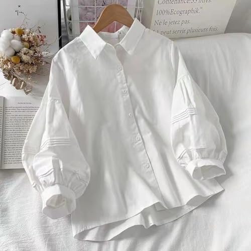 Camisa elegante para mujer con mangas largas abullonadas femeninas combinadas con un aspecto de cuello abatible (XL blanco)
