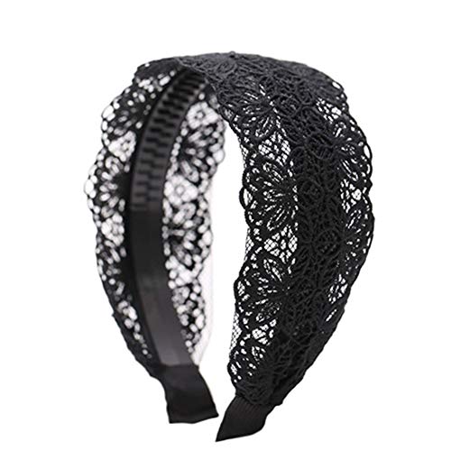 2 Pcs Black Women Hair Hoop - Cloth Knit Lace Head Band - Bow Wide Side Non-slip with Teeth Hair Accessories for Face Wash, Makeup, Dating and More