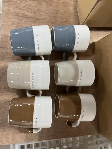 Image of myGrtfam Nordic Color Block Coffee Mugs Set of 6, 12oz Premium Ceramic Two-Tone Cups with European Cozy Lifestyle Quotes, Assorted Blue Beige Brown Porcelain Tea Mugs, Microwave & Dishwasher Safe