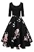 Produktbild MisShow Damen Elegant Audrey Hepburn Kleid Langarm A-Linie mit Blumendruck U-Ausschnitt Partykleider Cocktailkleid Printkleid Knielang Gr.S-2XL, Schwarz 2, 4XL
