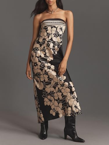 Image of Women Y2k Strapless Maxi Dress Floral Print Tube Long Dress Boho Beach Sundress Going Out Streetwear