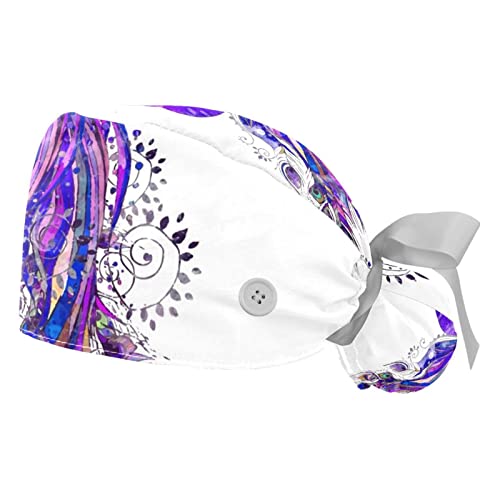 Casquettes de travail ajustables violettes 2pcs chapeaux bouffants oiseau paon homme femme