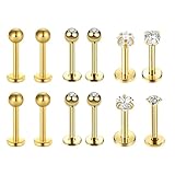 louuuou 12PCS Gold Tragus Piercing Jewellery, Lip Piercing Jewellery Tragus Earrings Flat Back Nose Stud Piercings Nose Stud Flat Back Lip Studs Labret Bars Stainless Steel Earrings Piercings 8-12mm