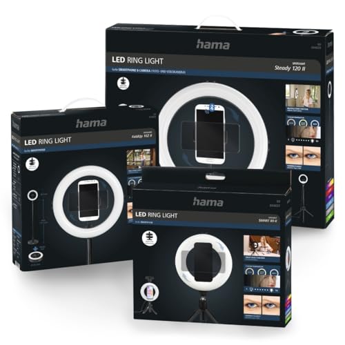 Hama LED Ringlicht mit Stativ Handy (12“ Ringleuchte, 30 cm Durchmesser, Dreibein Stativ für das Smartphone, ausziehbar bis 215 cm, dimmbares Kreislicht, Bluetooth Fernauslöser) schwarz