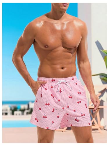 WDIRARA Men's Cherry Graphic Drawstring Waist Swim Trunks Board Shorts with Compression Liner4