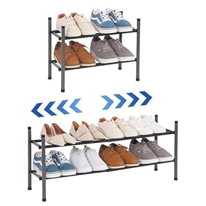 STORAGE MANIAC Expandable Shoe Rack, Stackable Shoe Rack for Closet, Small Shoe Rack Organizer for Entryway, Adjustable Shoe Rack for Garage, Shoe Rack for Front Door, Metal Shoe Rack, Black 2 Tier