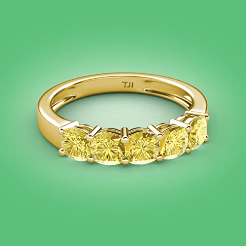 Cushion Shape Lab Created Yellow Sapphire 2.20 ctw Side Gallery Women 5 Stone Stackable Wedding Band in 14K Gold.2