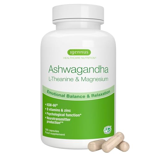 Igennus Ashwagandha Avanzada KSM-66 Complejo Para el Estrés 600 mg con L-Teanina y Magnesio, Vitaminas B y Zinc, Etiqueta Limpia, Extracto de Raíz únicamente, 5% de Withanólidos, Vegano, 90 Dosis