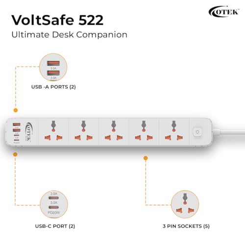 Image of OTEK VoltSafe 522 Extension Board with 5 Universal Sockets 2 USB & 2 Type-C Ports 2M Cord 2500W 10A Surge Protector Power Strip Charging Station with Safety Shutter for Home Office White