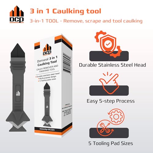 DCP Donseal 3 in 1 Caulking Tool Kit – Silicone Caulking Tool for Removal, Scraping & Finishing – Precise Caulk Remover & Applicator with 5 Tooling Pads – Stainless Steel Caulk Scraper for Smooth Seal - Image 3
