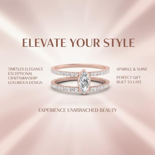 Image of Choose Your Gemstone Marquise Bezel Set Diamond CZ Band Rose Gold Plated Marquise Shape Split Shank Engagement Ring Lightweight Office Wear Everyday Gift Jewelry US Size 4 to 12