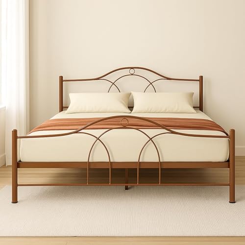 Image of Alto Metal King Size Bed Without Storage | Wrought Iron Double Bed with Headboard & Footboard | Sturdy Powder Coated Platform Bed King Size Cot for BedroomLivingRoom Brown (75x72)