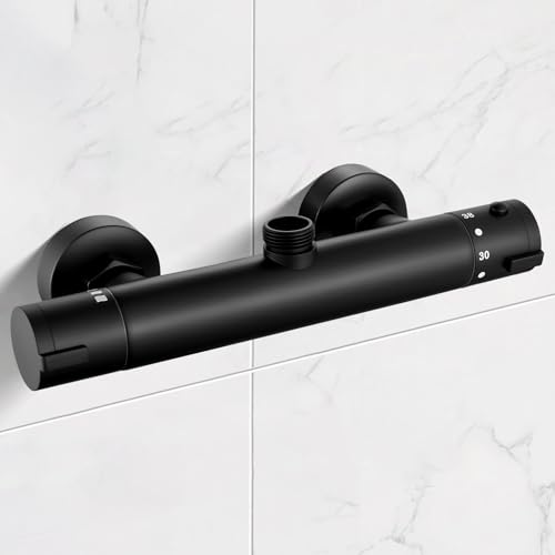 Mitigeur de douche thermostatique noir avec sortie supérieure G3/4, barre thermostatique en laiton, robinet anti-brûlure, mélangeur d'eau chaude et froide,...