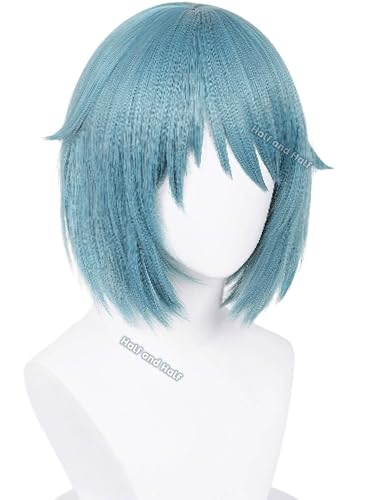Image of Half and Half Sayaka Miki Cosplay Wig Short Blue Bob Anime Wig with Bangs Dark Teal Wigs Synthetic Fiber Hair for Women Halloween Party