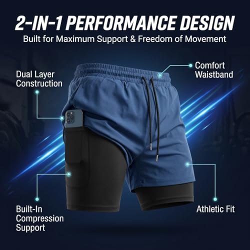 Image of Men's 2 in 1 Active Dual Shorts with Inner Tights | Double Layer Gym Shorts | Running, Training & Sports Shorts with Pocket Plus Size (S to 6XL)