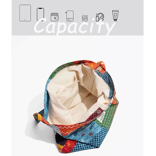 Slouchy Shoulder Bag Canvas Boho Patchwork Bucket Bag Hippie Shoulder Purse Vintage Quilted Slouchy Hobo Bag for Women 20254